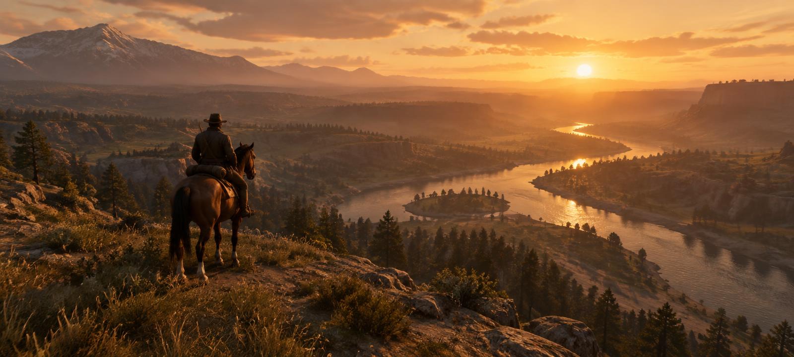 A lone rider overlooking a river valley at sunset